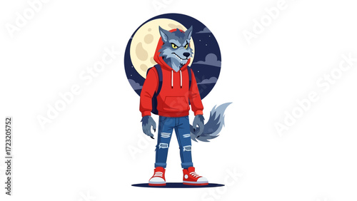 Urban Werewolf Illustration: A cool, modern werewolf character stands confidently against the backdrop of a full moon, dressed in stylish street wear.
