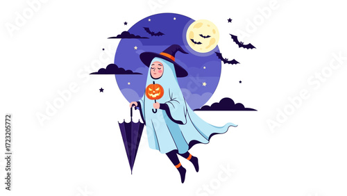 Whimsical Halloween Specter: A child dressed as a charming ghost floats through a spooky night, a pumpkin in hand, under a bewitching moonlit sky.