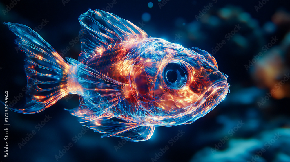 Fototapeta premium A mysterious deep-sea fish with transparent, colorful, holographic glow in dark waters. Unique 3D oceanic artwork, surreal and fantastical, highlighting luminous, otherworldly marine life