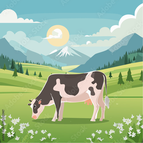 Cow Grazing on Meadow Vector Illustration