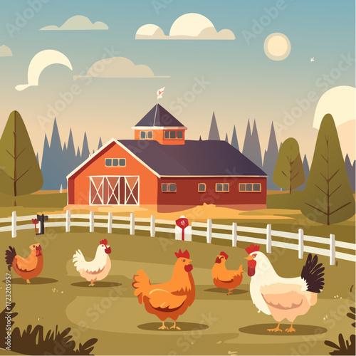 Chickens on a Small Village Farm Vector Illustration