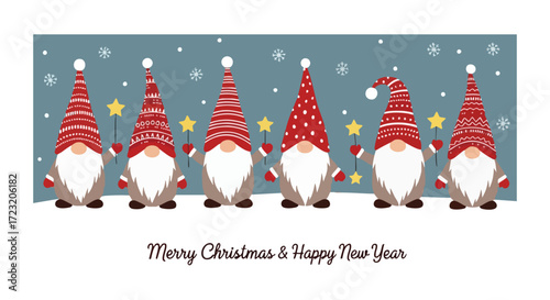 Adorable Christmas gnomes spreading holiday cheer, perfect for festive greetings and winter celebrations with sparkling star wands and cute hats