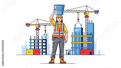 Construction Site with Crane: A dedicated worker in construction hard hat balances a bucket on their head, the urban skyline rising in the background, symbolizing dedication.