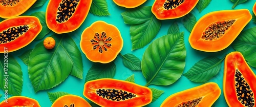 Vibrant papaya slices and leaves in a repeating tropical pattern, macro, botanical