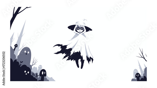 Enchanting Halloween Character: A spectral figure with whimsical hat and flowing attire floats through a graveyard, creating a captivating scene with spooky, stylized elements.