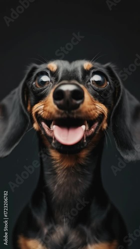 A cute dachshund puppy with a happy smile on its face, panting with joy and anticipation.