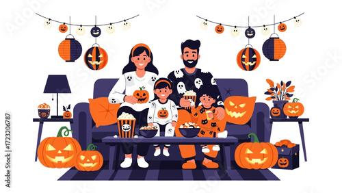 Halloween Family Gathering: A family, immersed in the festive spirit of Halloween, gathers together. Carved pumpkins and spooky decorations enhance the atmosphere for this vibrant celebration.