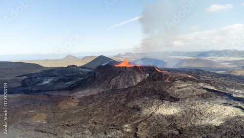 Aerial view of the Fagradalsfjall volcano erupting on a clear day in Iceland.
