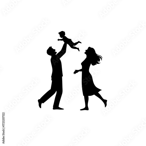 A vector silhouette of a joyful family. A father lifts his smiling baby into the air as the mother looks on with love and happiness.