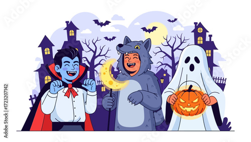Halloween Costume Party: A whimsical Halloween illustration, featuring costumed figures set against a backdrop of spooky houses and a full moon.