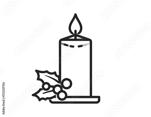 Simple black line drawing of a candle with holly