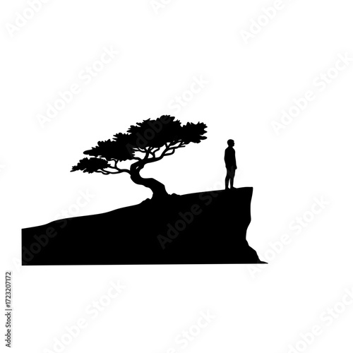 A striking silhouette of a person standing alone on a dramatic cliff edge beside a windswept tree, symbolizing contemplation, solitude, and connection with nature.