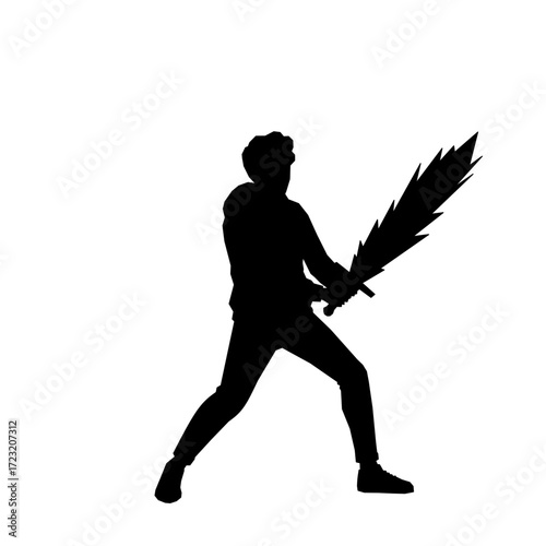 Vector silhouette of a powerful warrior holding a serrated sword. Ideal for game design, fantasy illustrations, or themes of battle, adventure, and strength.