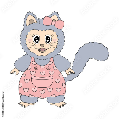 Female cat with gray fur in a pink sundress decorated with hearts. Cute kitten with a pink bow on the ear.  Illustration. Fluffy cat in a dress with straps with buttons and a pocket.