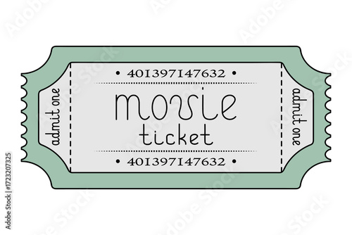 Movie. Green ticket admit one. Handwritten lettering lowercase. Color vector illustration. Tear-off ticket with number. Isolated white background. Cartoon. Idea for web design.