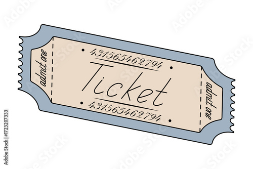 Ticket gray admit one. Isometry. Handwritten cursive lettering. Coupon right side tilted down. Color vector illustration. Tear-off ticket with number. Isolated white background. Cartoon.