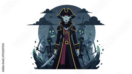 Mysterious Pirate and Skeleton: In the ominous moonlight, a formidable pirate stands, leading a ghostly skeletal crew, blades drawn, poised amidst a sea of dark shadows.