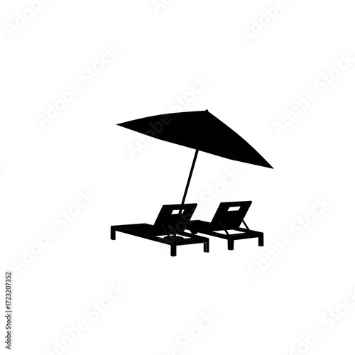 Sleek vector silhouette of two lounge chairs and an umbrella, a symbol of relaxation and vacation. Ideal for designs related to travel, beaches, and leisure.