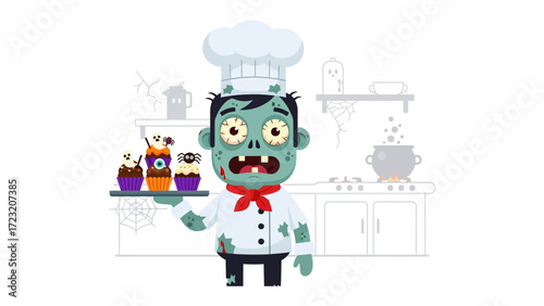 Zombie Chef's Halloween Treats: An undead chef, animated and playful, presents spooktacular cupcakes on a tray. The illustration's style is fun and perfect for Halloween season.