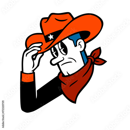 Retro cartoon illustration of a cowboy tipping his hat. A playful and nostalgic character design, ideal for mascots, apparel, and branding related to the American West.