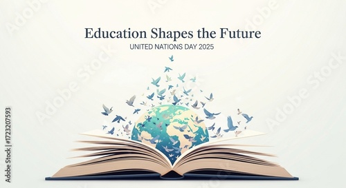 Education Shapes the Future text on an open book, globe, and flying birds for United Nations Day, global learning, and peace concepts