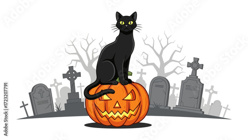 Halloween Cat's Halloween Eve: A sleek black cat sits atop a carved jack-o'-lantern in a spooky graveyard setting, evoking the spirit of Halloween with its spooky ambiance and whimsical design.