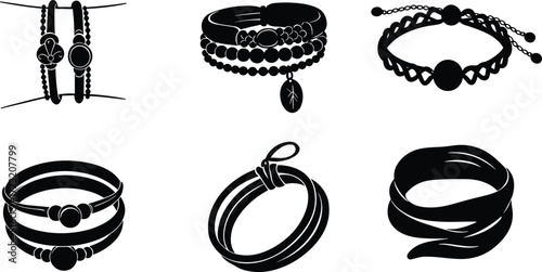 Set of six elegant black silhouette bracelet vector illustrations with diverse designs, charms, beads, braided styles for fashion accessories catalog