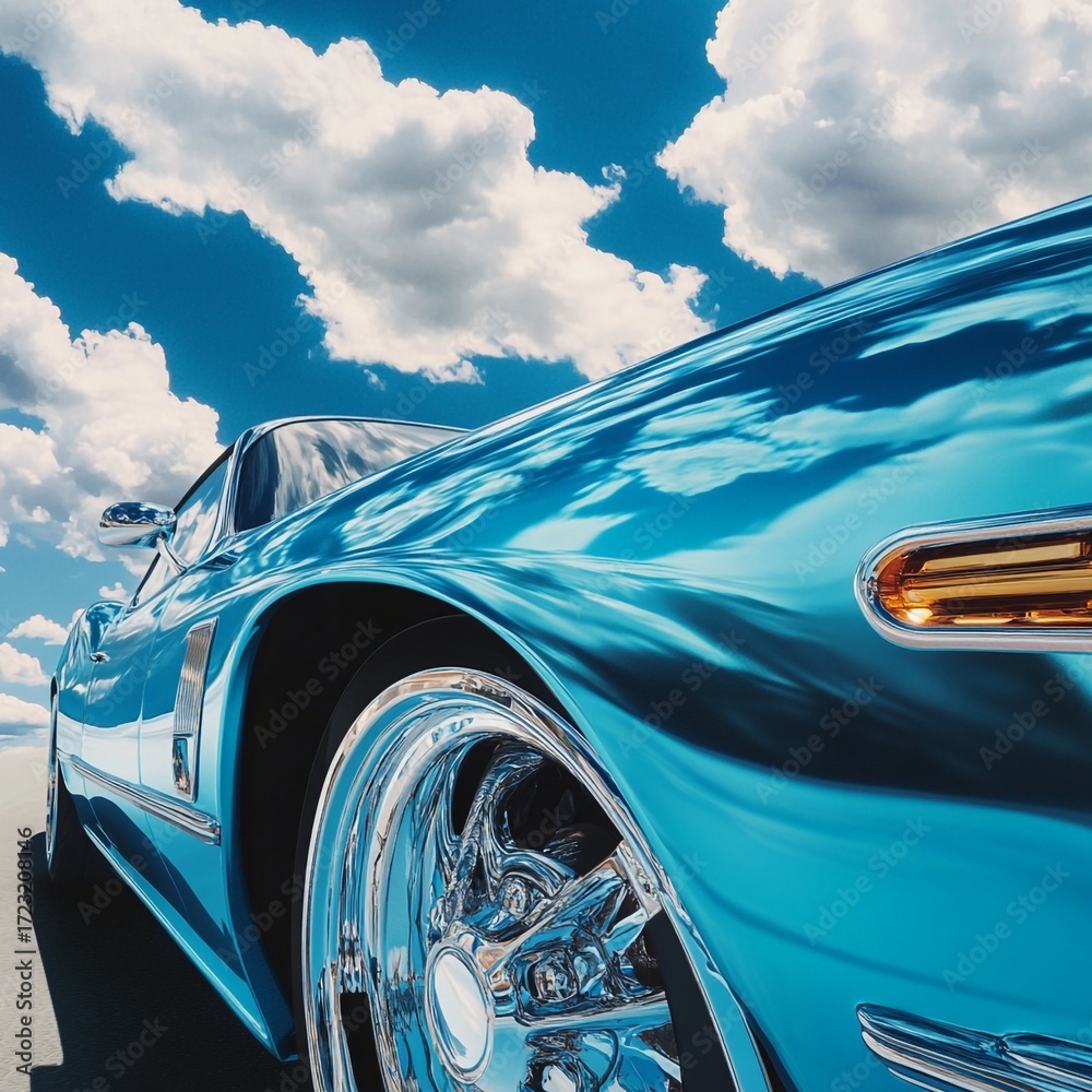 Obraz premium portrait of a beautiful car of light blue color and there is clouds looking beautiful behind the scene.
