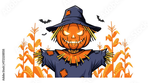 Scarecrow's Spooky Welcome: A cartoon scarecrow made of a pumpkin with menacing glowing eyes, set against a backdrop of corn stalks and bats, this image evokes Halloween mischief and autumnal fantasy.