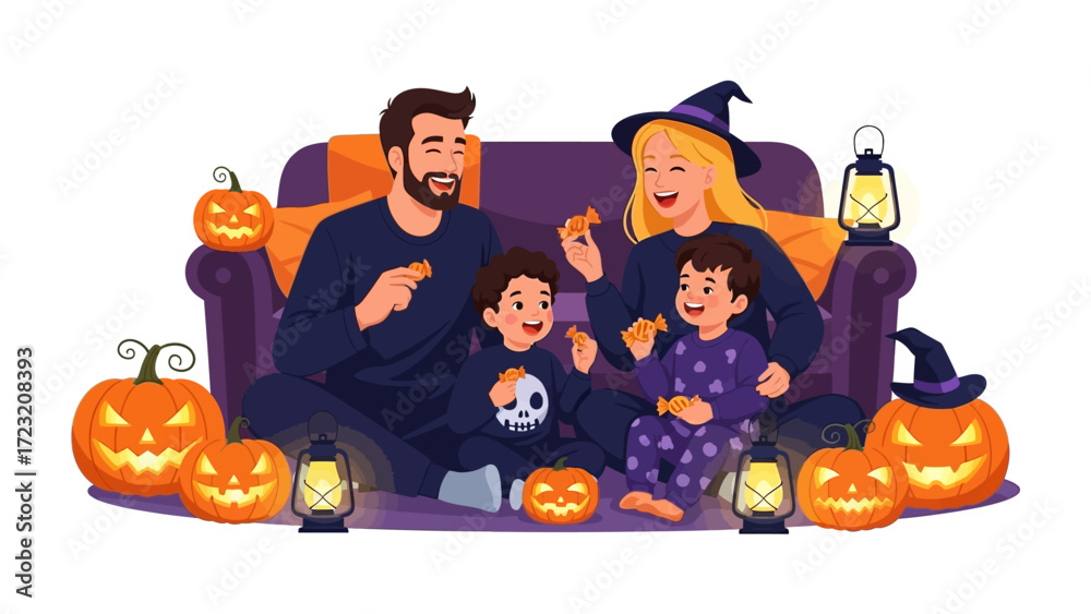 Fototapeta premium Halloween Family Gathering: A cheerful family dressed in costumes and surrounded by jack-o'-lanterns. capturing the spirit of Halloween through heartwarming illustration.