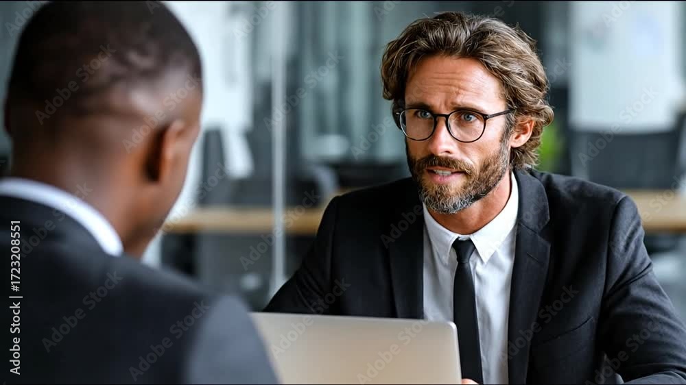 Two men in suits at a conference table, one looking at a laptop, the ...