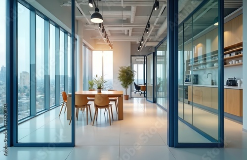 Modern open-plan office interior. Glass partitions, light wood kitchen, large windows, city view. Minimalist design, neutral colors, bright, functional workspace. Commercial residential building.