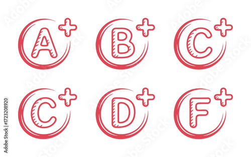 Academic grading system icons a b c d f plus signs round brush stroke style educational symbols