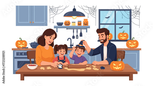 Halloween Family Fun: A close-knit family of four gathers in their festively adorned kitchen to create spooky treats, embodying the spirit of Halloween with laughter and shared creativity. 