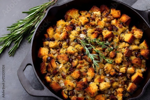 Fresh chestnut stuffing in cast-iron skillet with herbs Generative AI