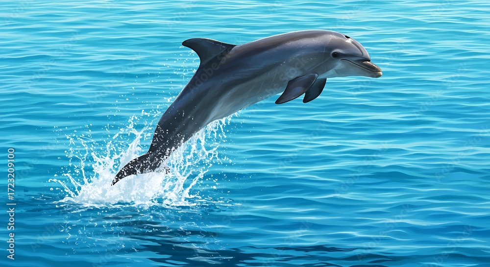 Naklejka premium Playful Dolphin Leaping from Bright Blue Ocean in Sunlit Seascape – Realistic Marine Life Scene