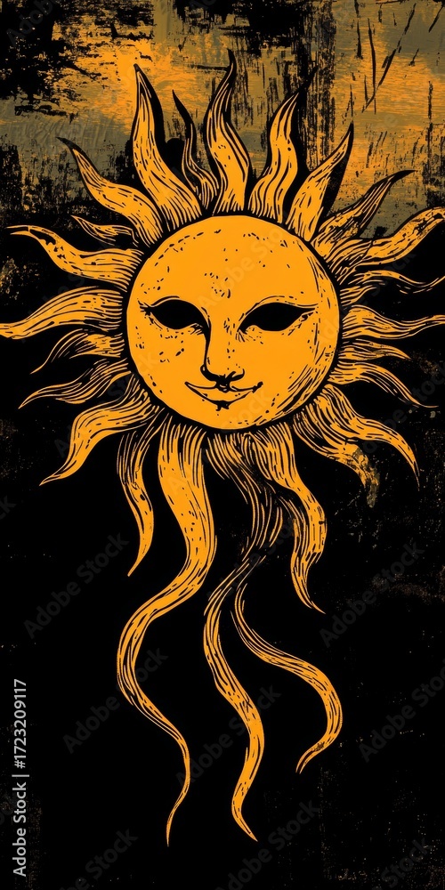 Fototapeta premium Artistic sun illustration featuring flowing rays and a unique character. This design captures warmth and creativity, suitable for various artistic projects.