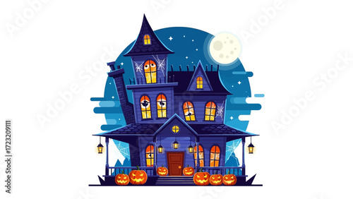Wallpaper Mural Enchanting Halloween Mansion: A vibrant illustration of a spooky mansion. Lit by a full moon, illuminated by pumpkins, with a mysterious and inviting atmosphere.  Torontodigital.ca