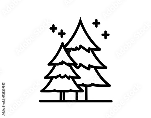 Simple black line drawing of three pine trees