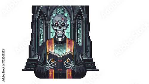 Sinister Seance: A spectral skeleton priest, in a tattered cassock, conducts a mysterious ceremony amidst the gothic arches of a haunted church.