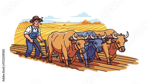 Cultivating the Land: A diligent farmer guides a team of oxen as they work together to cultivate the fertile land, a testament to hard work and the beauty of agriculture.