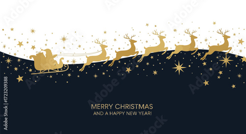 Enchanting golden Santa sleigh pulled by reindeer across starry night sky, bringing holiday cheer and festive greetings for Christmas and New Year celebrations.