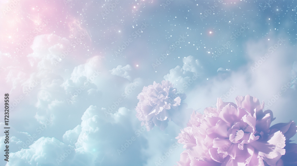 Fototapeta premium Dreamy Pastel color with Red Carnation Blossoms, Cosmic Fantasy, Transparent Background, Symbol of Peace