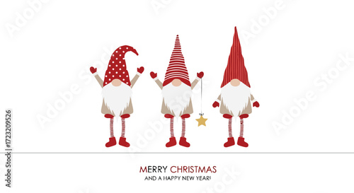 Three cheerful gnomes celebrating Merry Christmas and a Happy New Year with festive hats and stars, perfect for holiday greetings