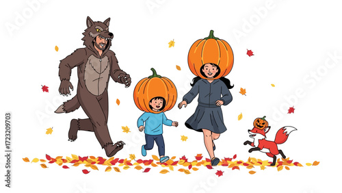 Halloween Costume Fun: A family dressed in vibrant costumes - pumpkin, wolf and fox, joyfully runs amidst colorful autumn leaves, creating a spirited seasonal scene.