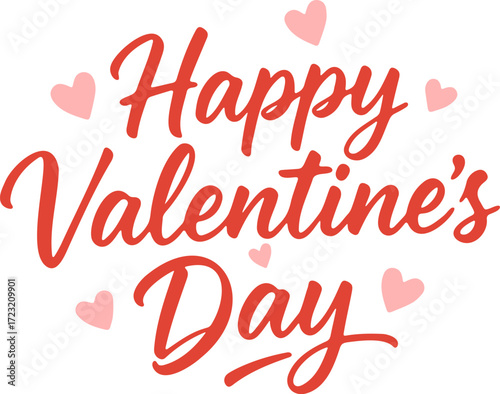 "Happy Valentine's Day" calligraphic banner with hearts on a transparent background in red and pink shades.