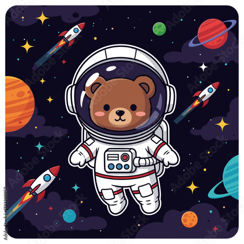 Adorable bear astronaut explores colorful outer space with planets and rockets