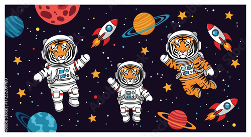 Adorable tiger astronauts explore a whimsical galaxy with planets stars and rockets Space adventure