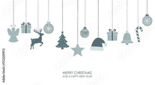 Whimsical hanging Christmas ornaments including an angel, reindeer, tree, gifts, and Santa hat create festive holiday cheer