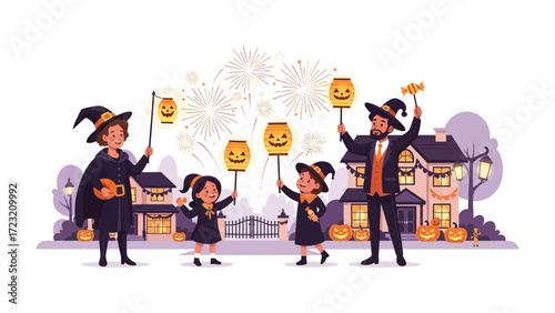 Halloween Family Gathering: Illustration capturing the heartwarming spirit of Halloween, featuring a family dressed in costumes, reveling in the festive atmosphere.